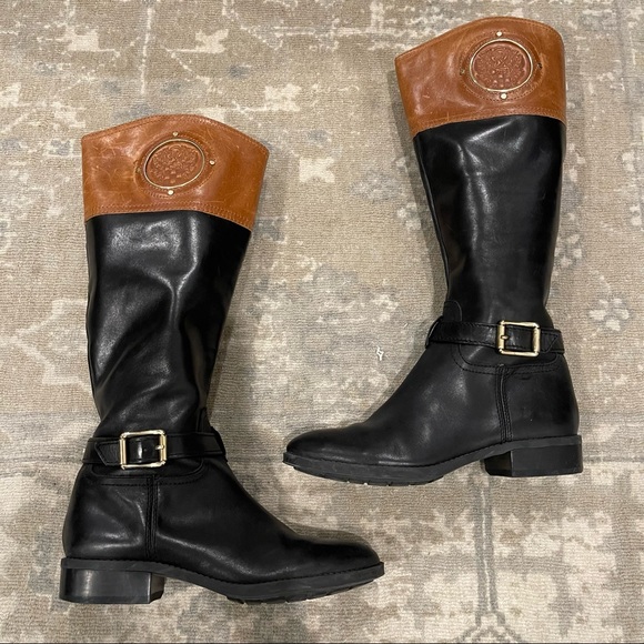 Vince Camuto Shoes - Vince Camuto Phillie Black Tan Two Tone Leather Riding Boots Knee High Size 7